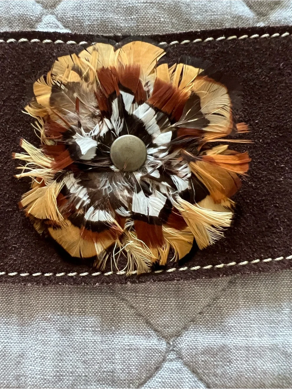 Brown Suede Lace-Up Belt with Feather Rosette Accents
